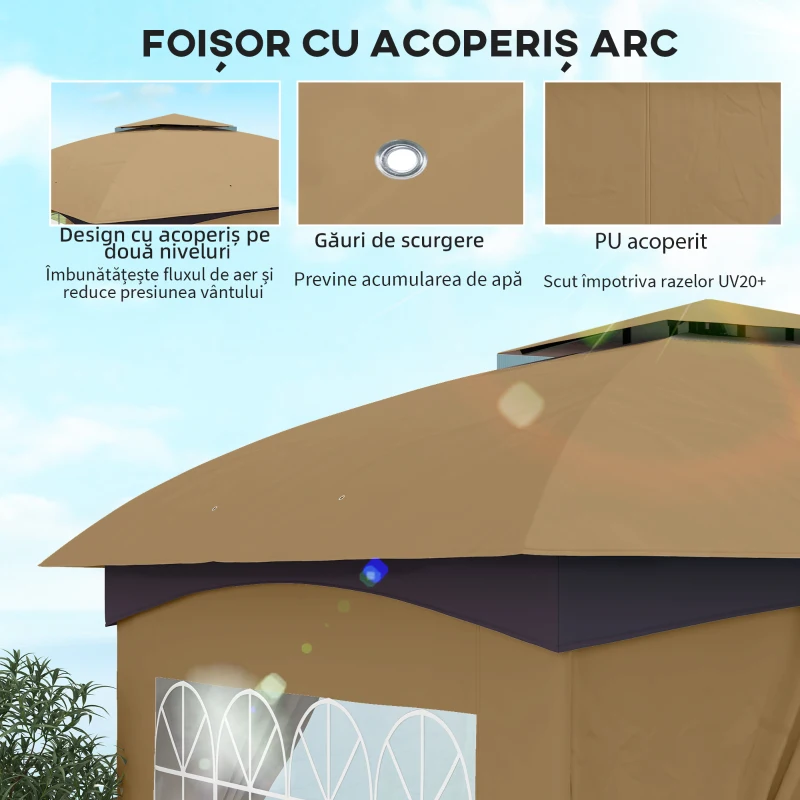 Outsunny Pavilion de Grădină cu Copertină, Perdele, Ferestre și Acoperiș Ventilat, 335x335x285 cm, Bej