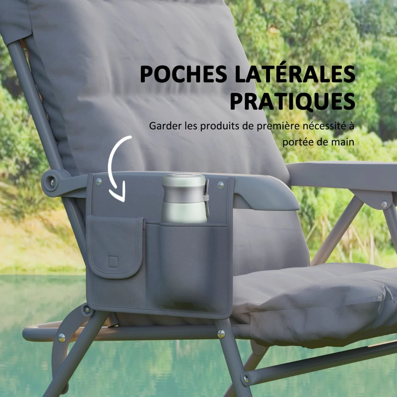 Outsunny Chaise pliante camping avec siège rembourré, dossier haut réglable et poches latérales, gris