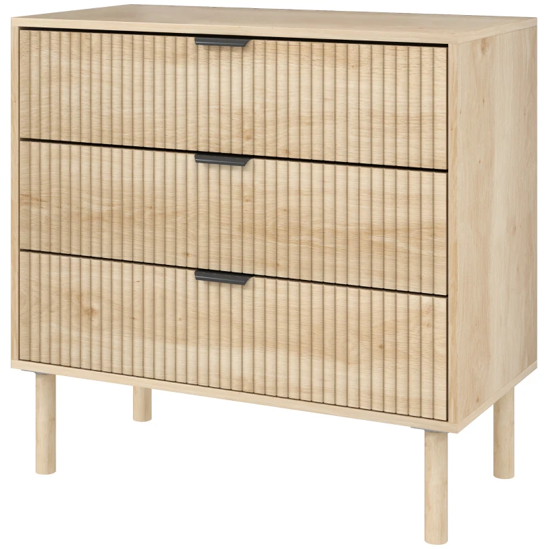 HOMCOM Comodă cu 3 Sertare, Picioare din Lemn Masiv și Design Canelat, 80x40x77,5 cm, Lemn Natural(m-10)