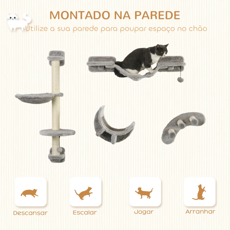 PawHut Conjunto de Prateleiras para Gatos de 4 Peças com Rede Postes de Arranhar Escada e Plataformas Cinzento