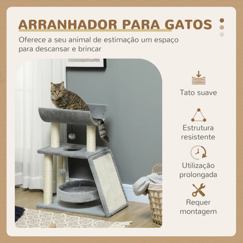 PawHut Arranhador para Gatos Altura 76 cm com 4 Postes de Arranhar Cama Plataforma em U Almofada para Arranhar Cinzento