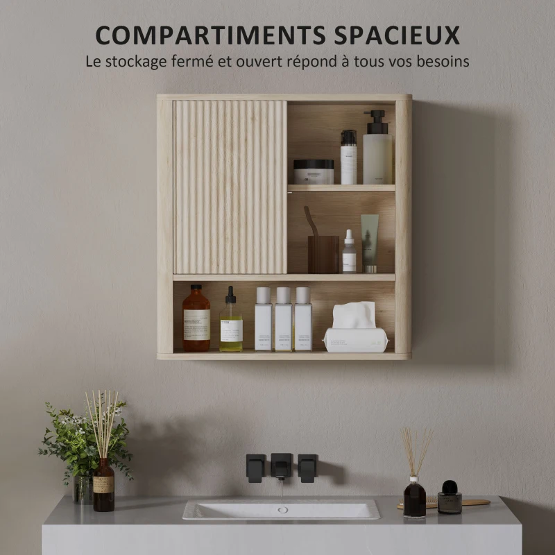 HOMCOM Armoire murale salle de bain avec étagères réglables, porte coulissante et étagères ouvertes, bois naturel
