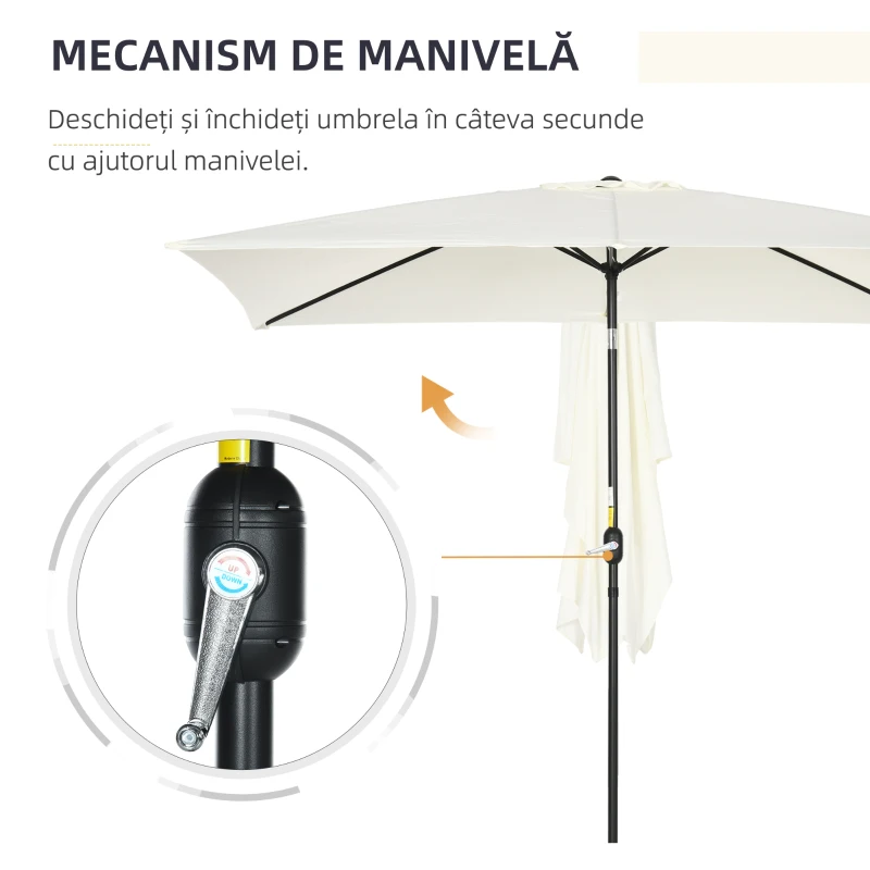 Outsunny Umbrelă dreptunghiulară 2x3 m pliabilă și reglabilă cu manivelă, din aluminiu și poliester, crem alb