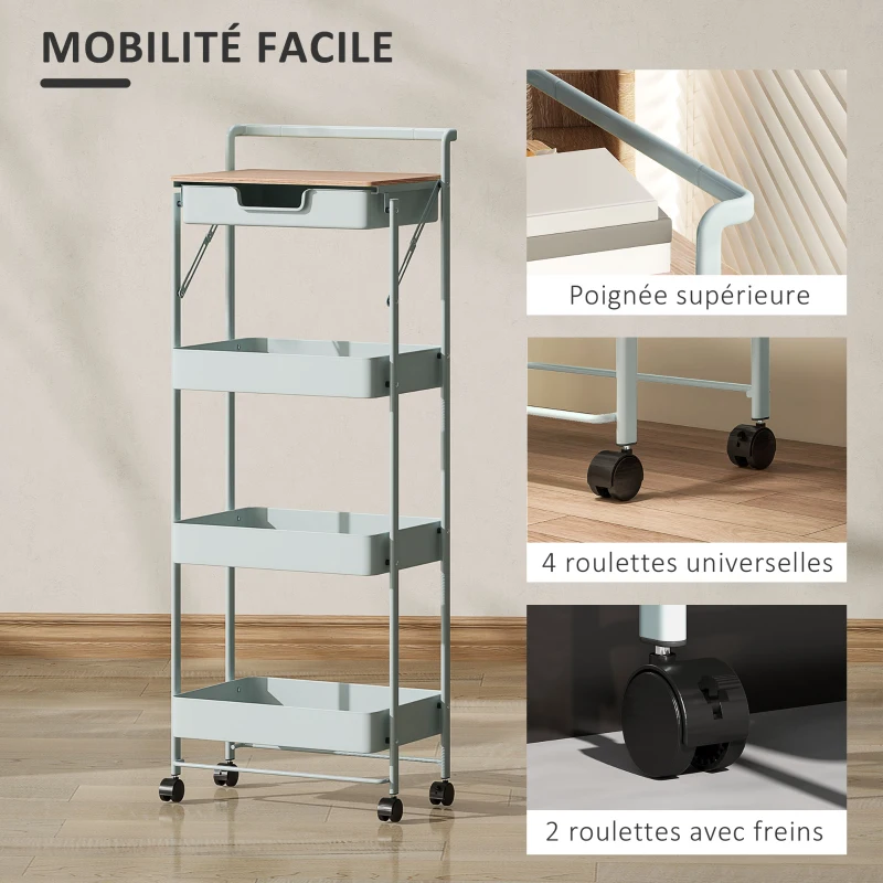 HOMCOM Desserte chariot de rangement à roulettes 4 niveaux avec tiroir, plateau et paniers, vert