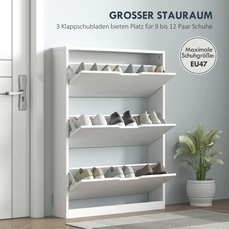 HOMCOM Schuhschrank mit 3 Klappschubladen, für bis zu 12 Paar Schuhe, Spanplatte, 80 x 17 x 108 cm, Weiß(m-4)