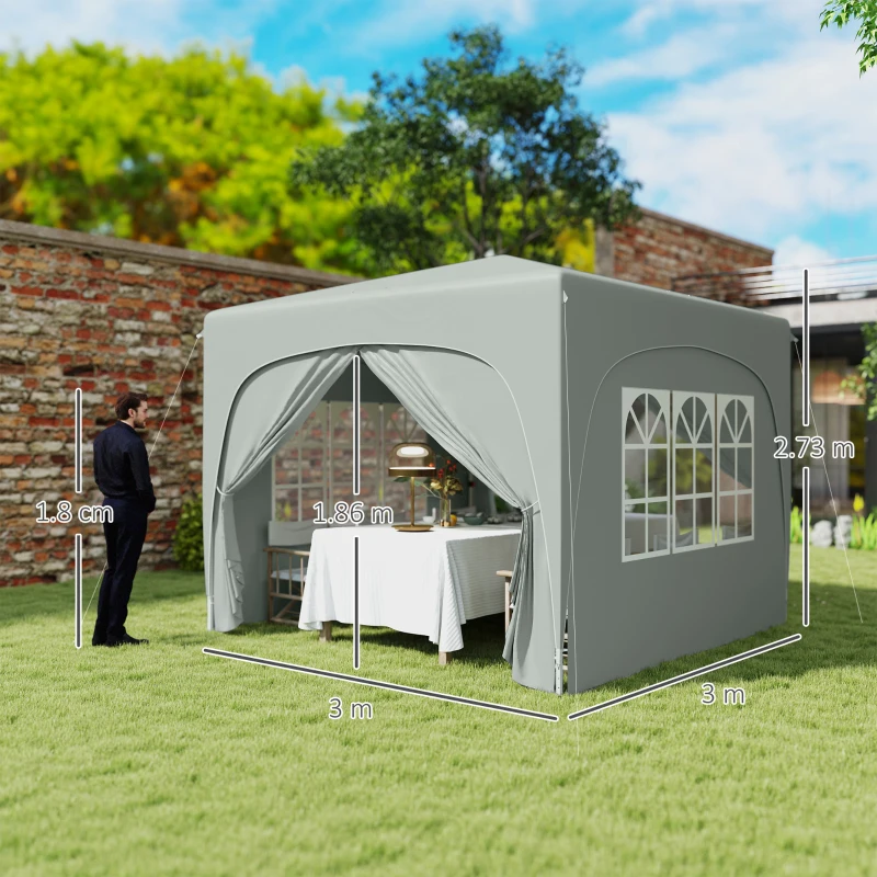 Outsunny Pavilion Pliabil cu Ferestre Laterale și Geantă de Transport, 300x300x273 cm, Gri Deschis