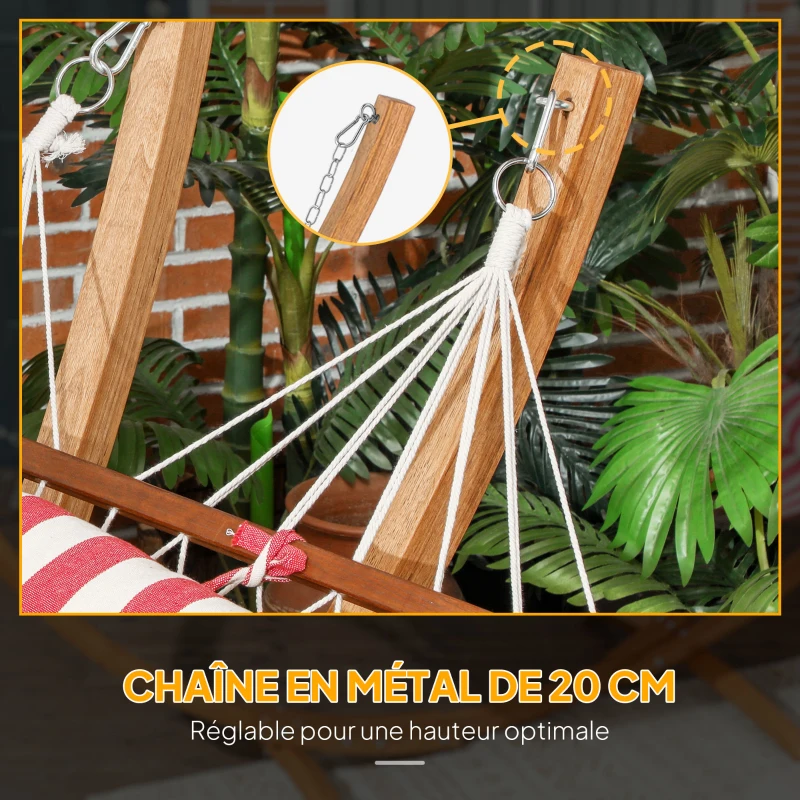 Outsunny Hamac sur pied 1 place, hamac avec support en bois oreiller de tête, lit en coton, 310x118x120cm, rouge et blanche