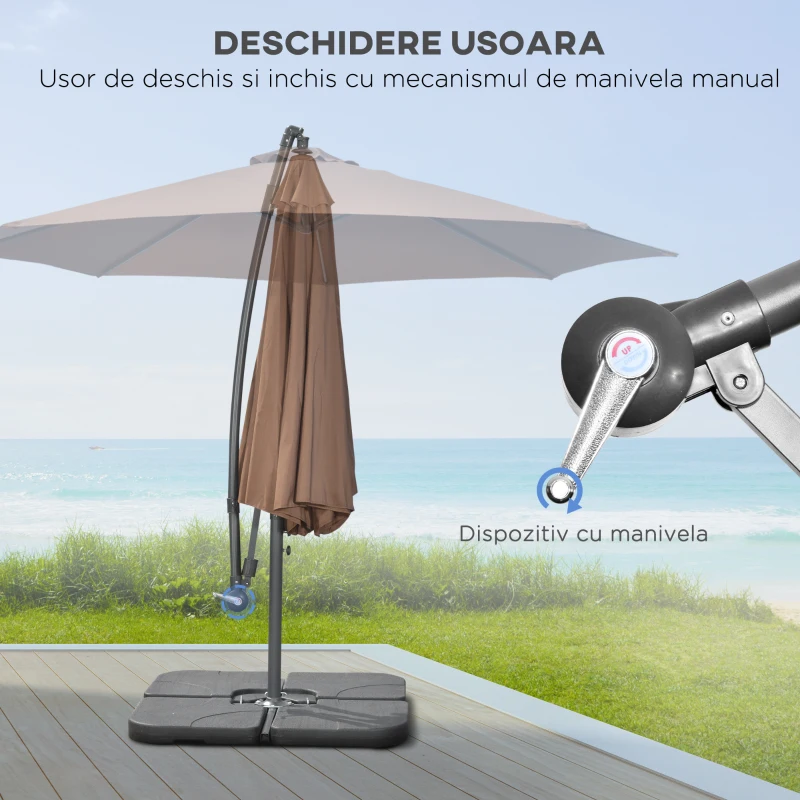 Outsunny Umbrelă Suspendată cu Bază în Cruce, Greutăţi, Manivelă și Protecţie UV, Ø3x2.5 m, Cafeniu