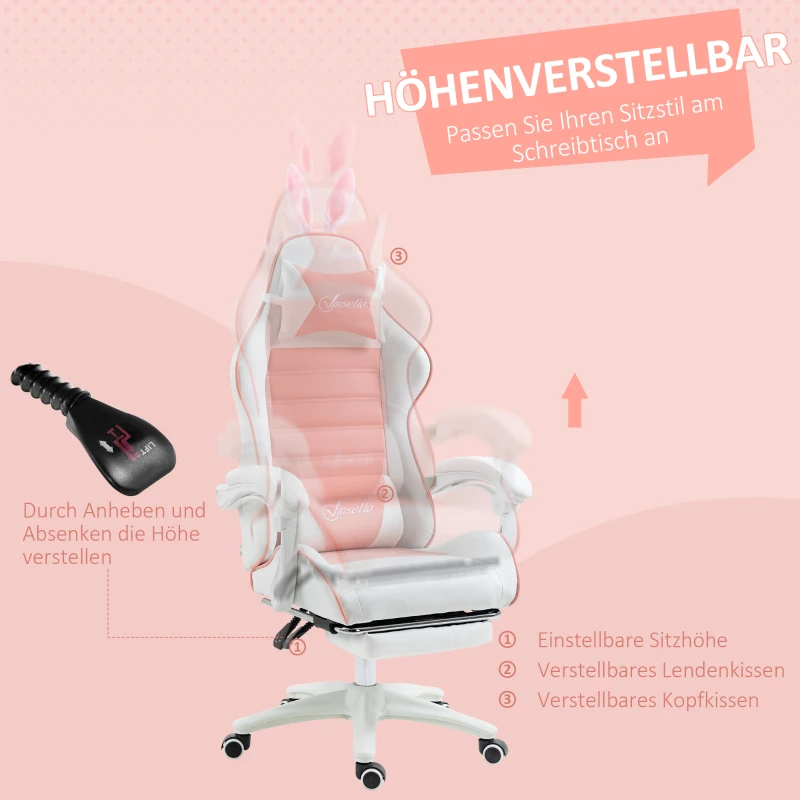 Vinsetto Gaming Stuhl Ergonomischer Gamer Stuhl mit Lendenwirbelstütze, Fußstütze Hasenohren Kopfkissen Rosa(m-5)