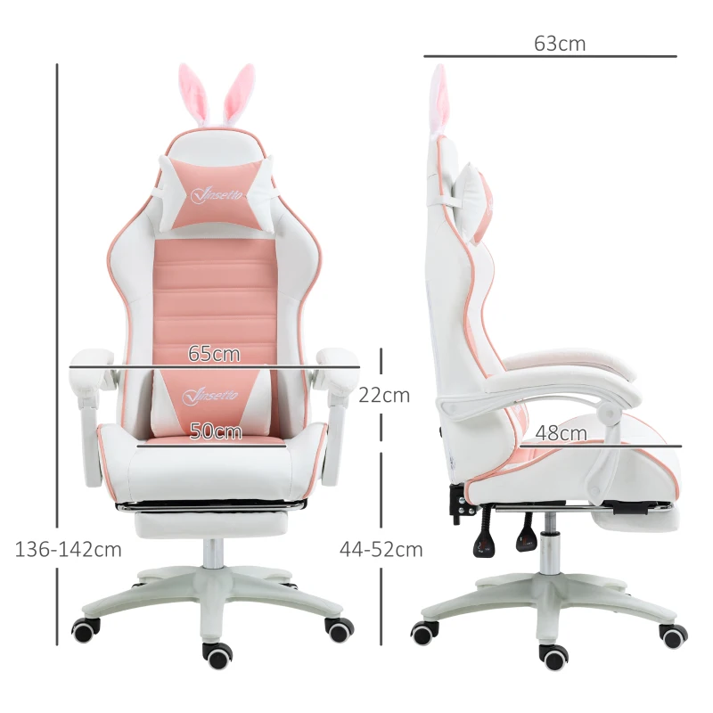 Vinsetto Gaming Stuhl Ergonomischer Gamer Stuhl mit Lendenwirbelstütze, Fußstütze Hasenohren Kopfkissen Rosa(m-3)