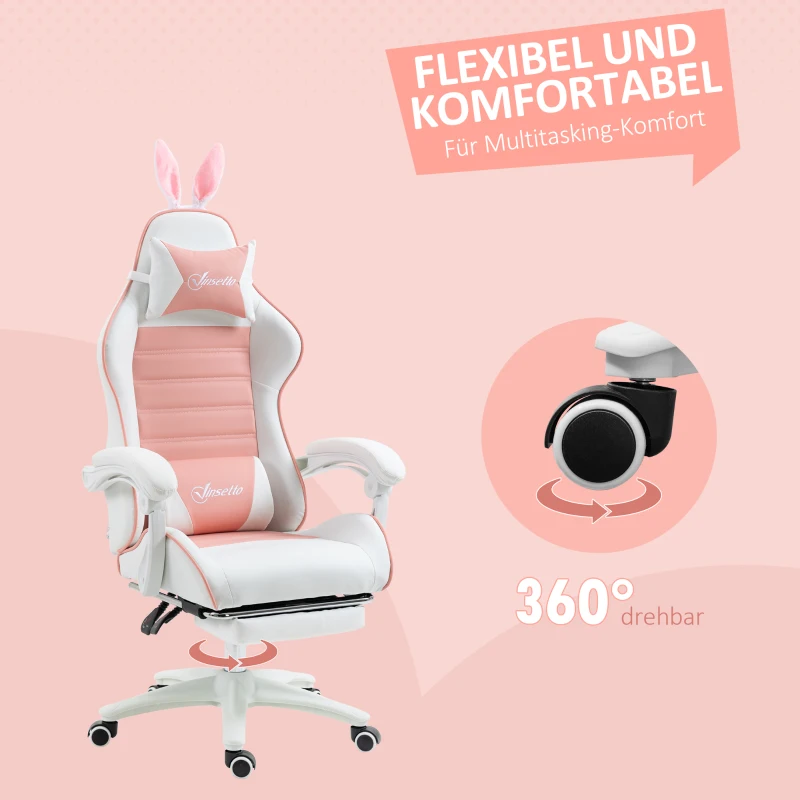 Vinsetto Gaming Stuhl Ergonomischer Gamer Stuhl mit Lendenwirbelstütze, Fußstütze Hasenohren Kopfkissen Rosa(m-7)