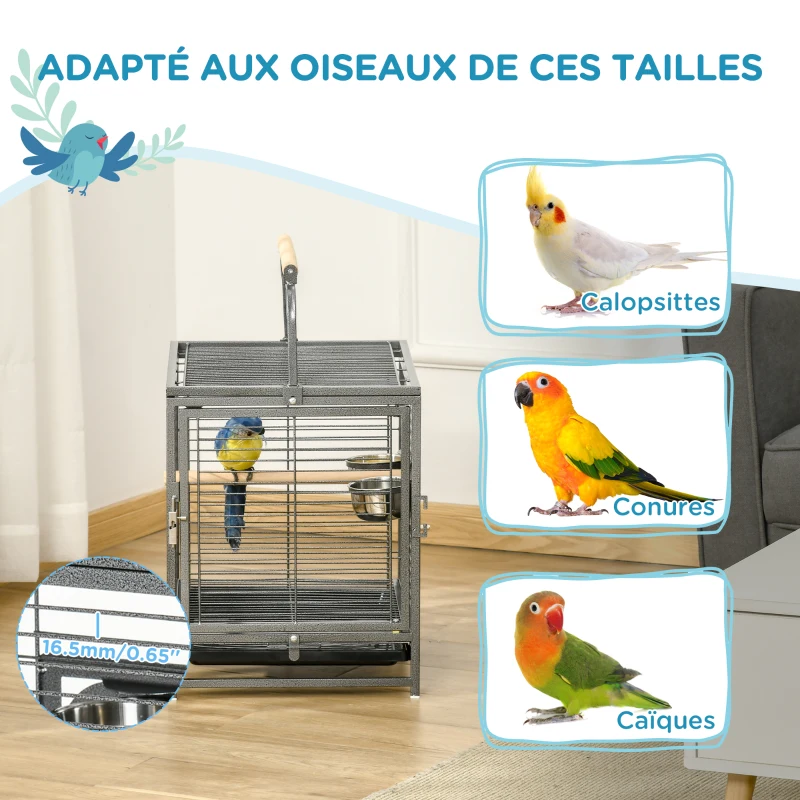 PawHut Cage de transport en acier pour perroquets, cage à oiseaux avec 2 bols en acier inoxydable, 2 perchoirs, plateau, noir