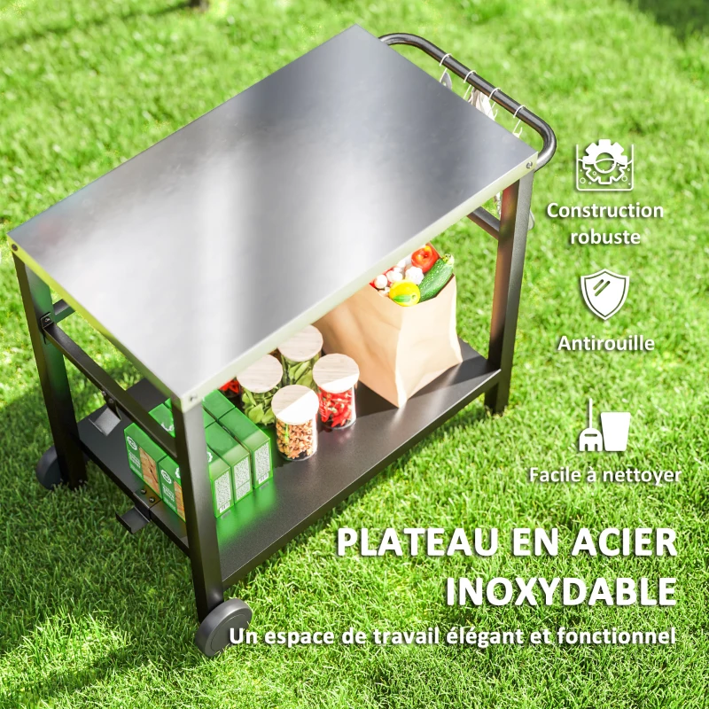 Outsunny Desserte plancha extérieure avec plan de travail, chariot de barbecue avec étagère crochets 102x50x81cm, gris charbon