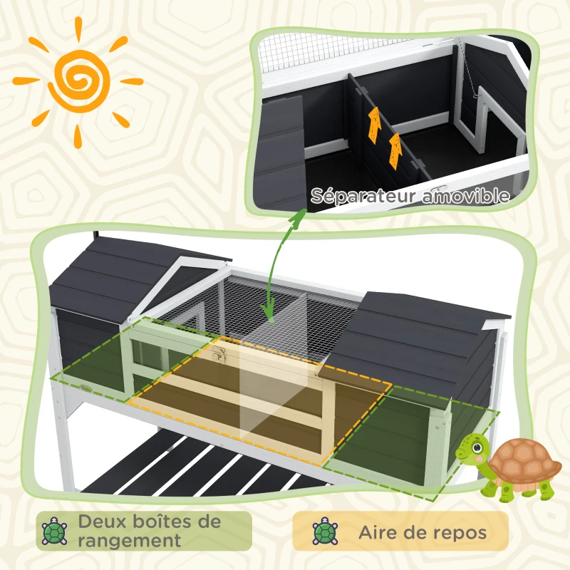 PawHut Maison tortue terrestre extérieure enclos tortue 2 niches support de lampe réglable bois massif 122 x 56,5 x 93 cm gris