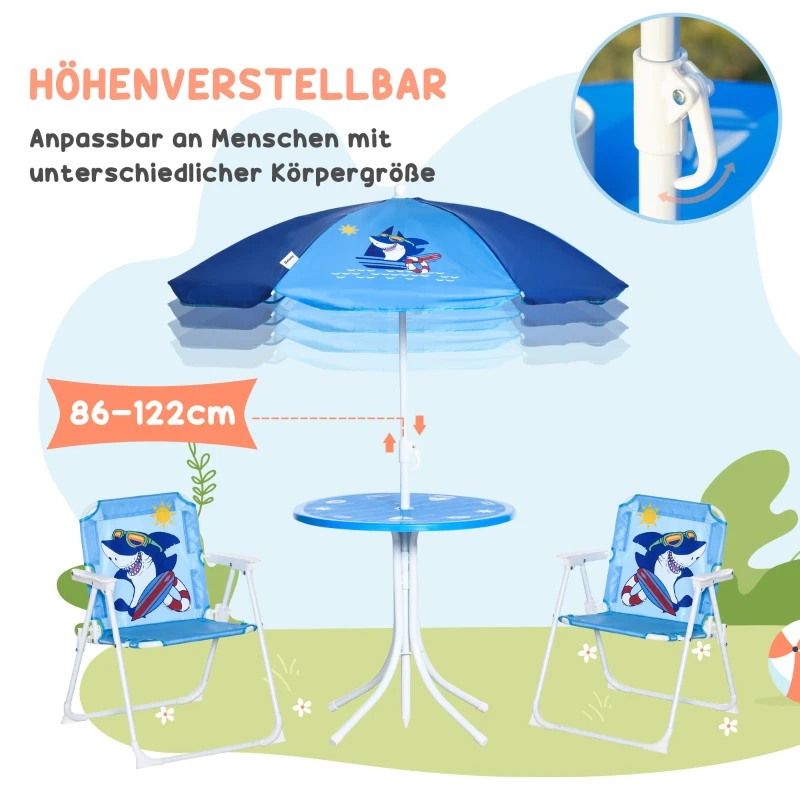 Outsunny 4-teiliges Gartenmöbel-Set für Kinder, mit Hai-Motiv, 1 Hollywoodschaukel, 2 Stühle, 1 Sonnenschirm mit Tisch, Blau
