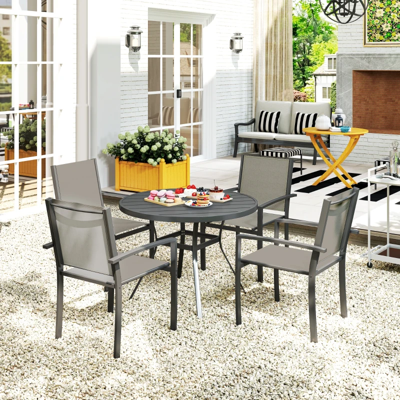 Outsunny 5 Piece Garden Furniture Set, Garden Dining Set with Round Table and 4 Stackable Chairs, Steel Frame, for Outdoor, Patio, Terraces, Dark Grey