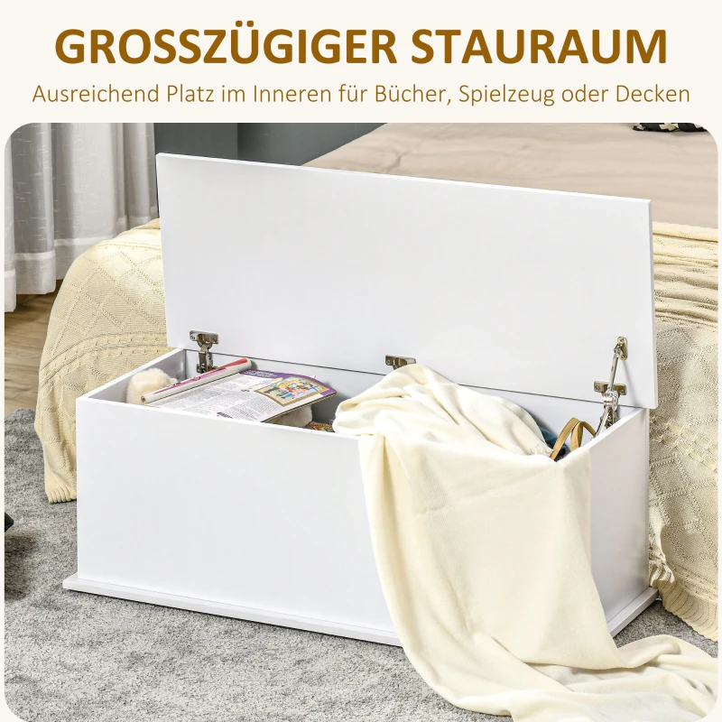 HOMCOM Truhe Aufbewahrungsbox Sitztruhe mit Stauraum Sicherheitsscharniere Holzkiste mit klappbarem Deckel für Wohnzimmer, Schlafzimmer, Spanplatte Weiß 100 x 40 x 40cm