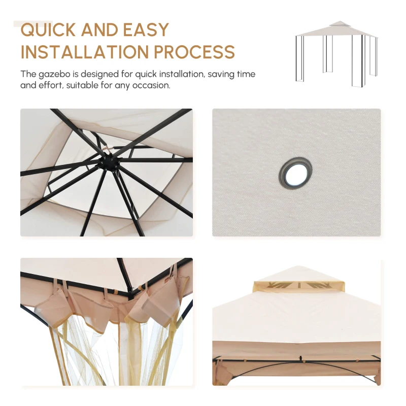 Outsunny 3 x 3(m) Garden Gazebo Patio Party Tent Shelter Outdoor Canopy Double Tier Sun Shade Metal Frame Netting, Beige