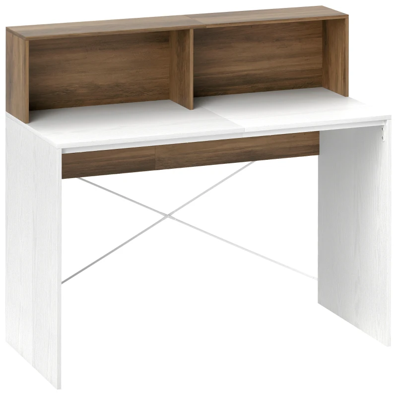 HOMCOM Birou PC pentru Studiu cu Blat Înălțat și 2 Rafturi, 110x50x102.6 cm, Alb și Maro Nuc