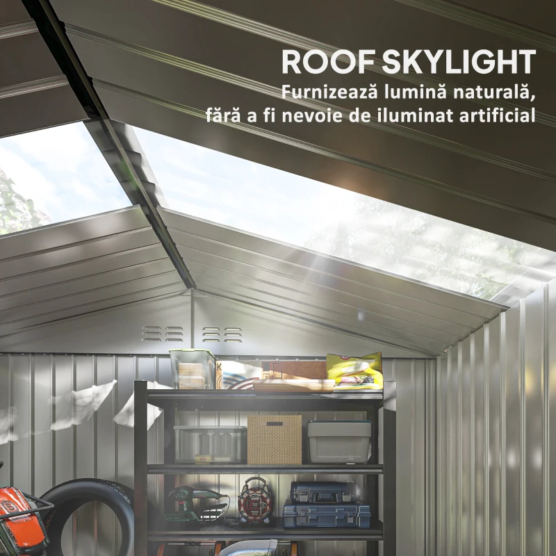 Outsunny Șopron pentru Unelte cu Acoperiș Înclinat și Uși Glisante Duble, 277x195x192 cm, Gri Închis