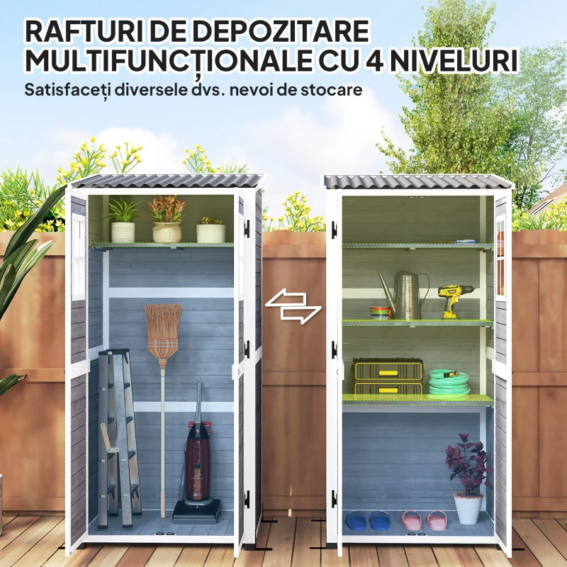 Outsunny Magazie pentru Unelte de Grădină din Lemn de Brad cu 2 Ferestre și Rafturi Reglabile, 91x69x192cm, Gri Deschis