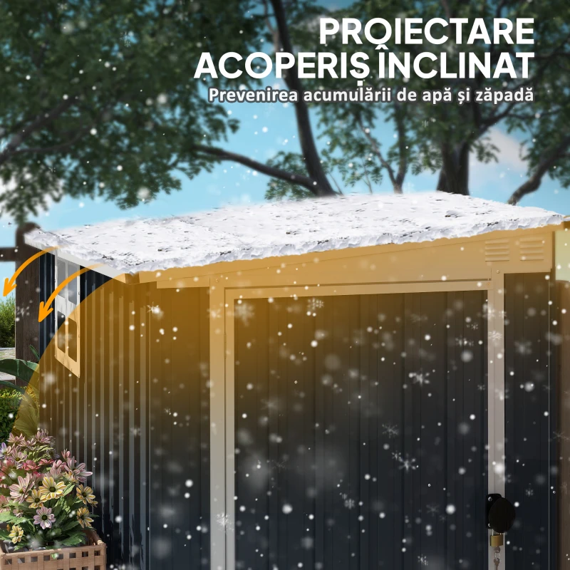 Outsunny Căsuță de Grădină din Oțel cu 2 Prize de Aer și Fereastră Transparentă, 128x193x161/181 cm, Gri Închis