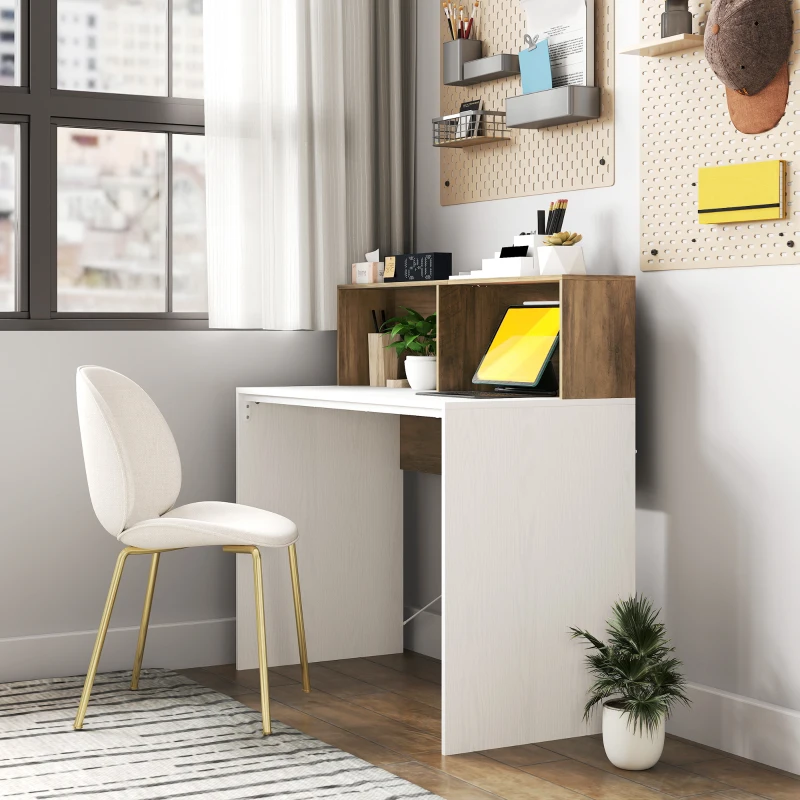 HOMCOM Birou PC pentru Studiu cu Blat Înălțat și 2 Rafturi, 110x50x102.6 cm, Alb și Maro Nuc