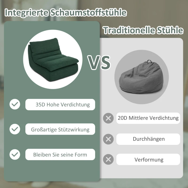 HOMCOM Schuim Vloerfauteuil, Ligstoel met Wasbare Hoes, Lounge Stoel voor Woonkamer, Slaapkamer, Groen(m-4)