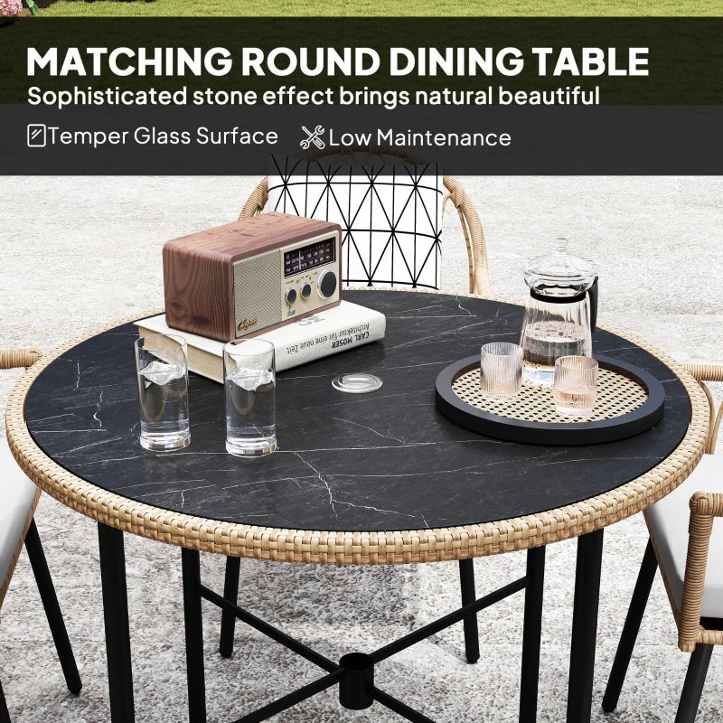 Outsunny 5 Piece Patio Rattan Dining Set, Wicker Garden Table and Chairs w/ Removable Seat & Back Cushions, Round Tempered Glass Tabletop, Parasol Hole, Outdoor Furniture Conservatory Set, Light Brown