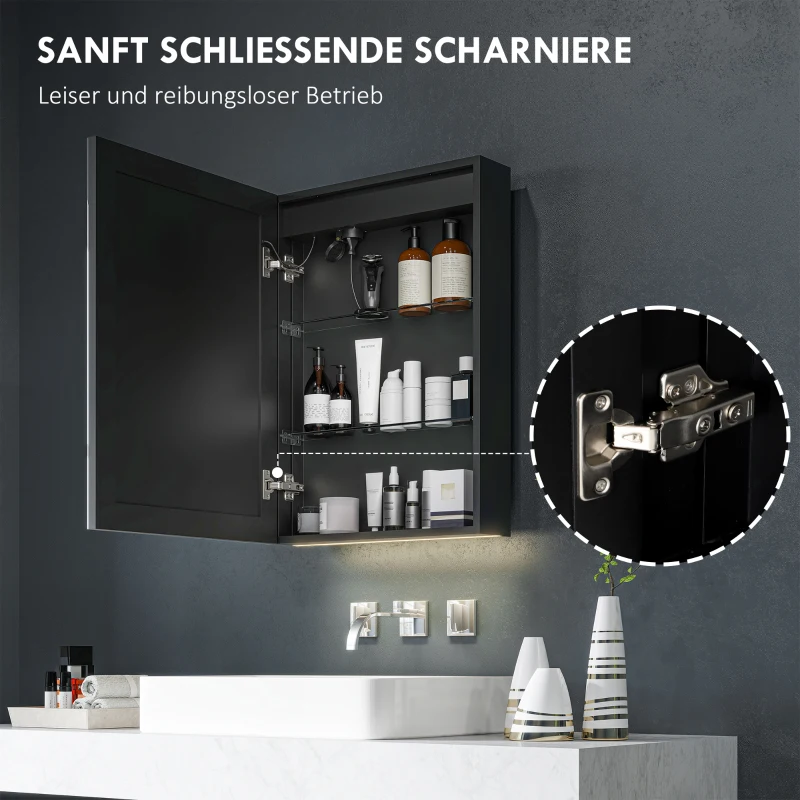 HOMCOM Spiegelschrank, Badschrank mit LED, 50 x 70 cm, dimmbar, Anti-Beschlag, Schwarz(m-6)