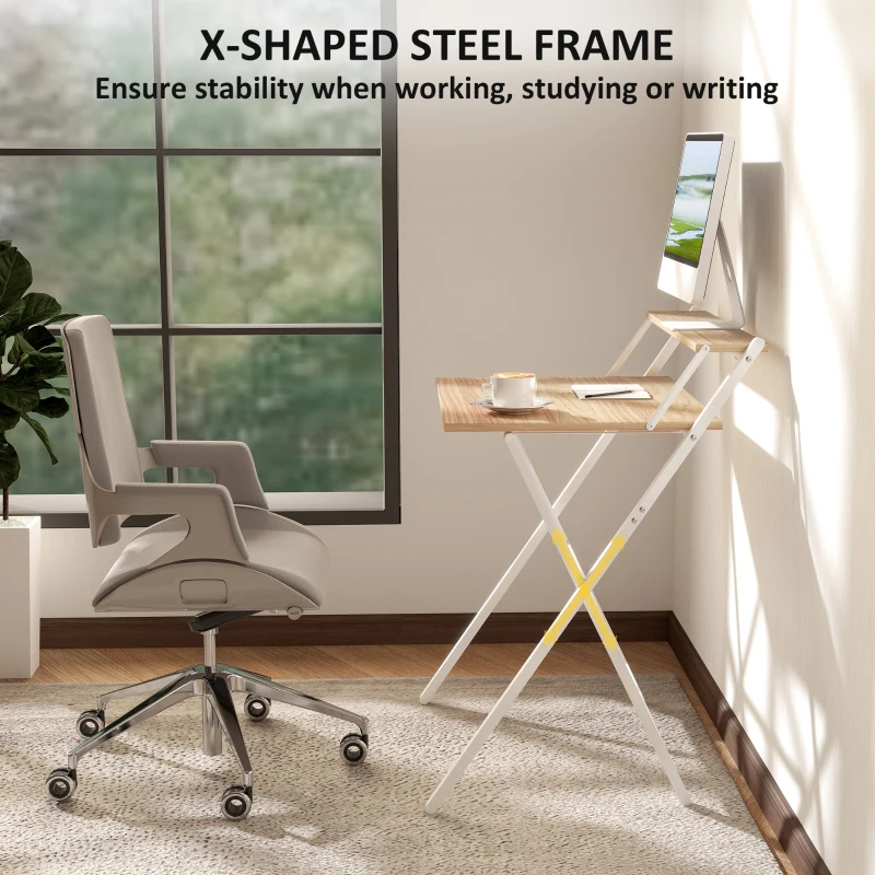 HOMCOM 70 cm Folding Computer Desk with Monitor Shelf - Natural Wood Finish