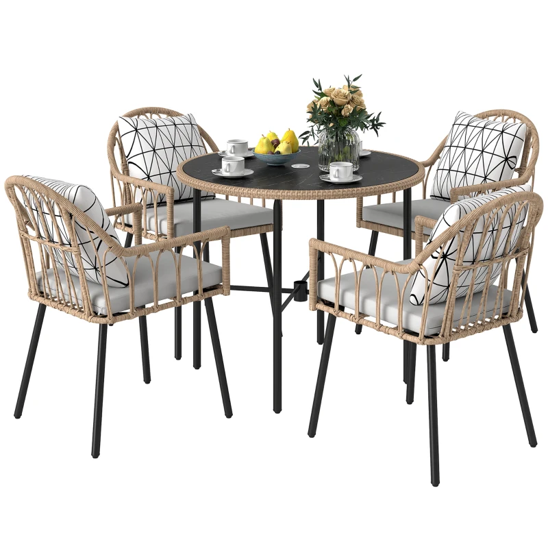 Outsunny 5 Piece Patio Rattan Dining Set, Wicker Garden Table and Chairs w/ Removable Seat & Back Cushions, Round Tempered Glass Tabletop, Parasol Hole, Outdoor Furniture Conservatory Set, Light Brown