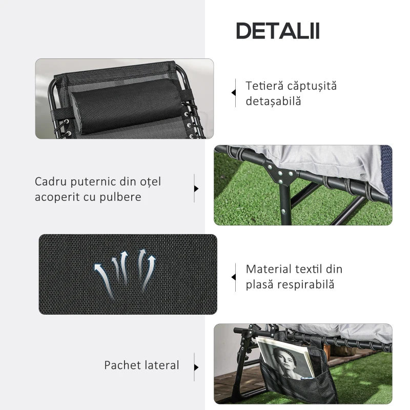 Outsunny Șezlong de Plajă Pliabil cu Spătar Reglabil, Pernă, Suport pentru Cap și Buzunar, 58x189x32.5 cm, Gri Deschis