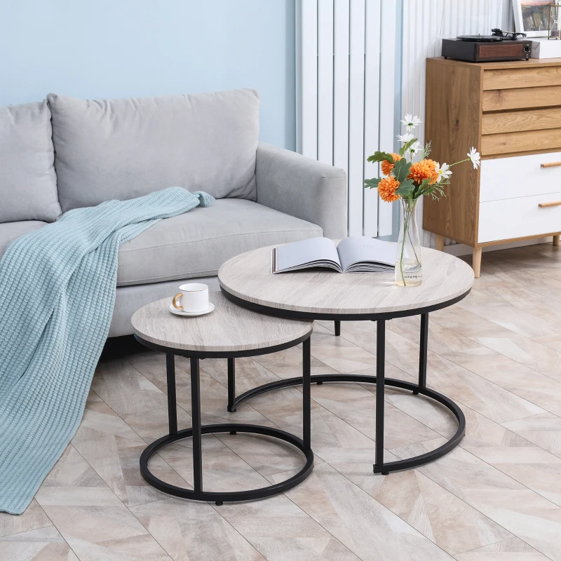 HOMCOM Satztische, Couchtische, 2er-Set, verstellbare Füße, Industrial Design, grau, 75 x 75 x 49cm