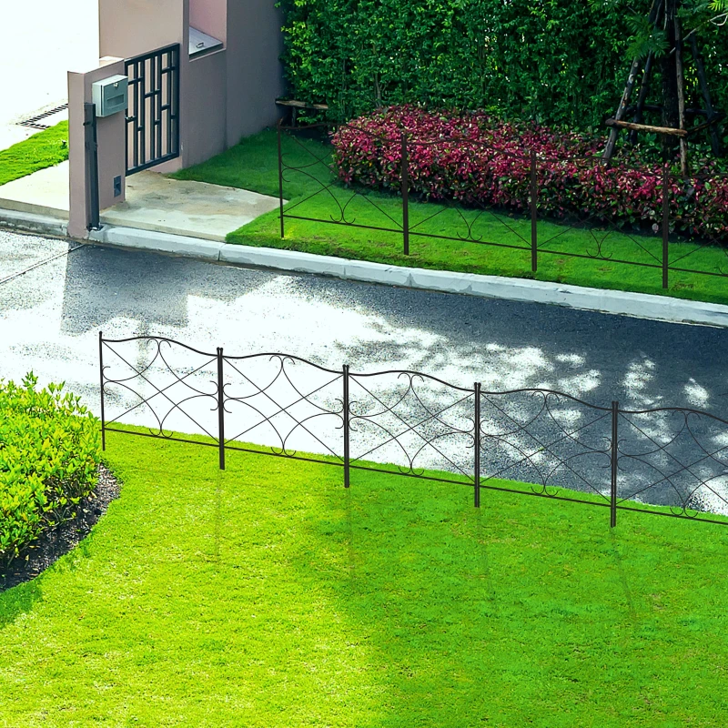 Outsunny Set Gard de Grădină cu 5 Panouri și Stâlpi, Gard Decorativ din Metal, 305x62 cm, Negru