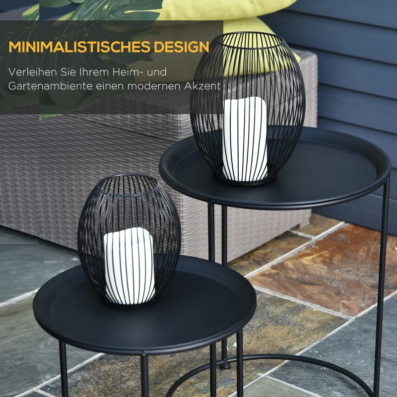 Outsunny Beistelltisch, 2er Set, Gartentisch Couchtisch, Kaffeetisch mit erhöhten Kanten, Wohnzimmer, Metall Schwarz, Ø33/Ø39 x H39/49 cm