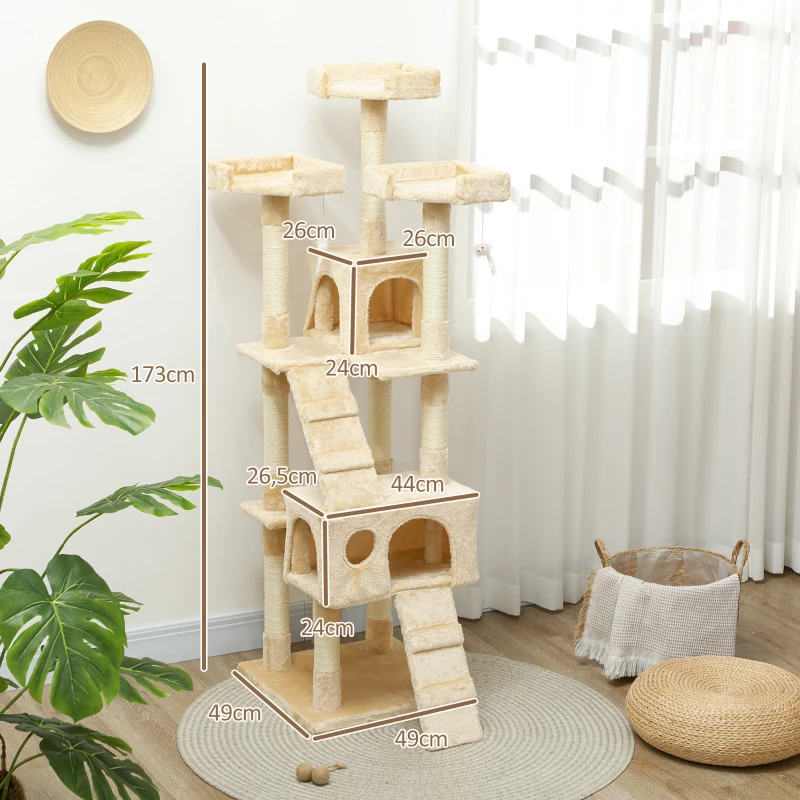 Pawhut Arbre à Chat Griffoir Grattoir 170cm en Sisal Naturel avec 2 Niches 50L X 50L X 170Hcm Beige