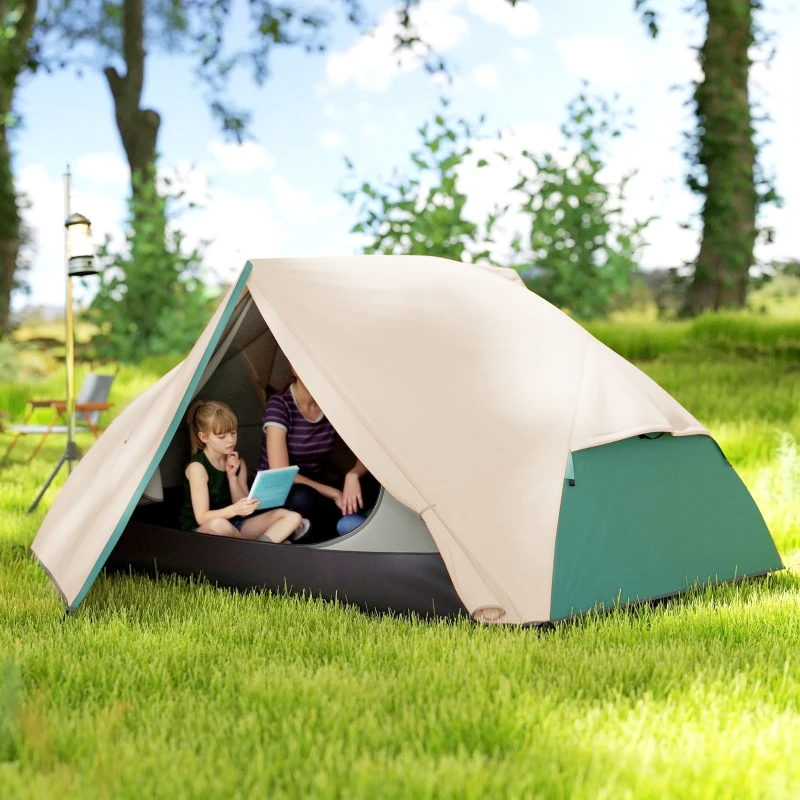 Outsunny Cort de Camping pentru 2 Persoane cu 2 Uși, 2 Ferestre cu Plasă și Geantă de Transport, 280x225x110 cm, Bej