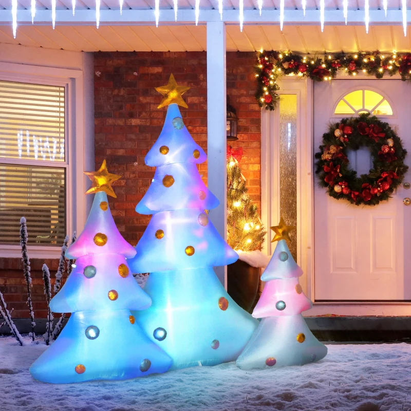 HOMCOM 3er-Set aufblasbare Weihnachtsbäume, inkl. Gebläse, In- und Outdoor, inkl. Befestigungsmaterial, Weiß+Gold