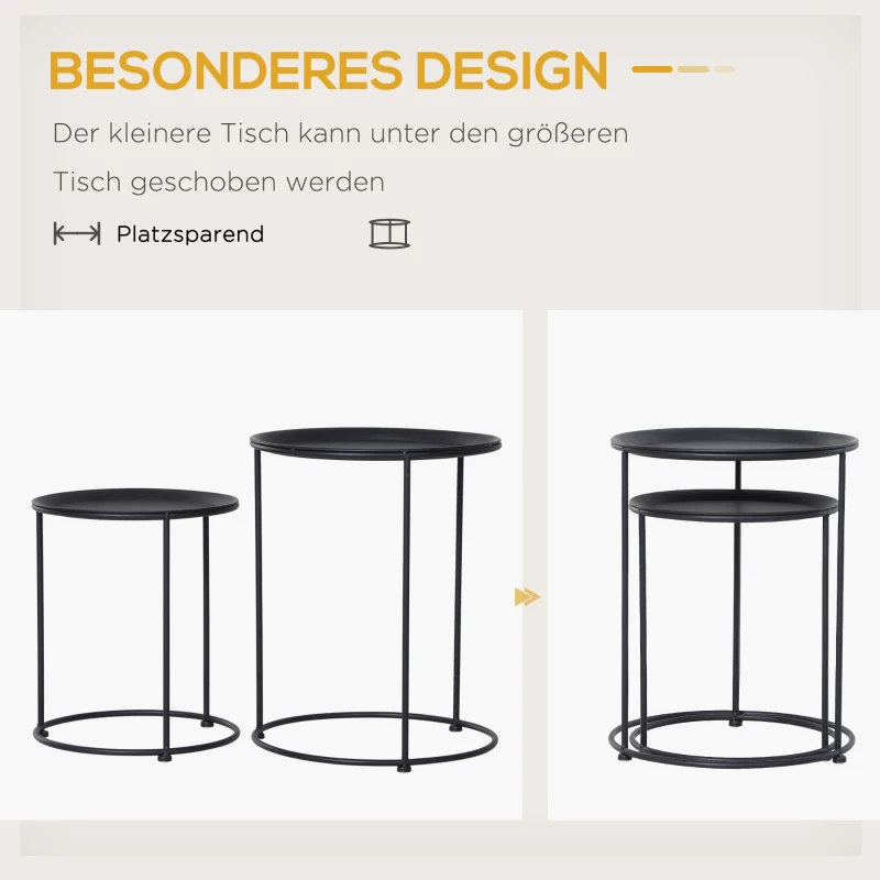 Outsunny Beistelltisch, 2er Set, Gartentisch Couchtisch, Kaffeetisch mit erhöhten Kanten, Wohnzimmer, Metall Schwarz, Ø33/Ø39 x H39/49 cm
