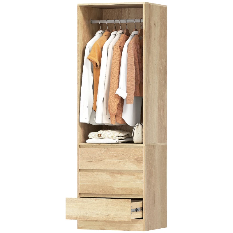 HOMCOM Dulap pentru Haine cu Bara pentru Umerase, Raft Deschis si 3 Sertare, 60x48.5x185 cm, Maro(m-10)