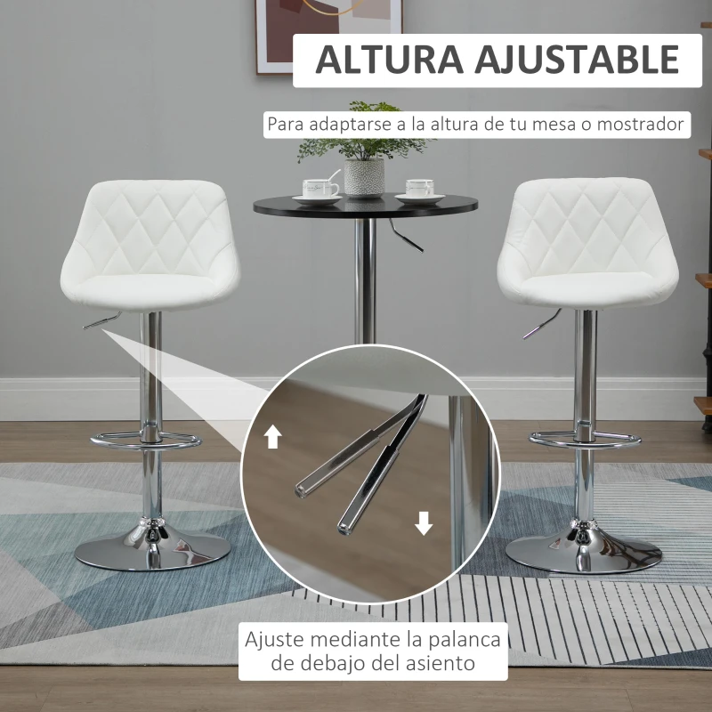 HOMCOM Conjunto de 2 Taburetes de Bar Giratorios con Altura Regulable Sillas Altas Modernas de Comedor con Base Redonda y Reposapiés 46x48x83-104 cm Blanco
