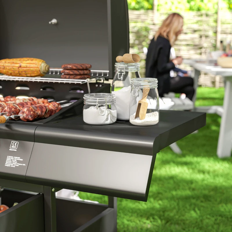 Outsunny Gasgrill 15,2 KW Grillwagen inkl 5 Edelstahl-Brenner Rolle Seitenkocher 129,5 x 56 x 110 cm Schwarz