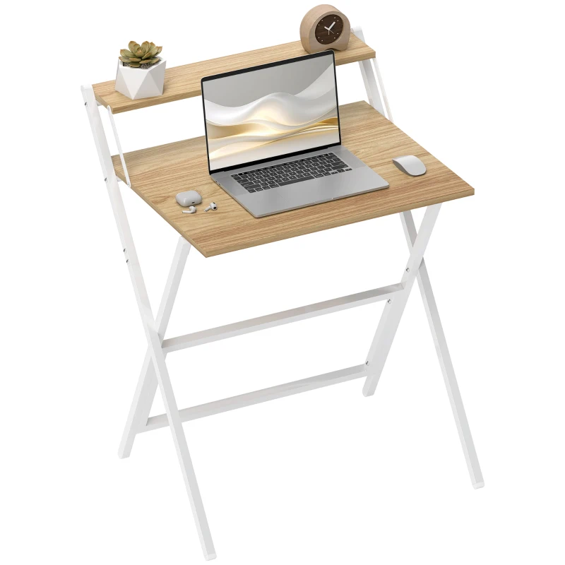 HOMCOM 70 cm Folding Computer Desk with Monitor Shelf - Natural Wood Finish
