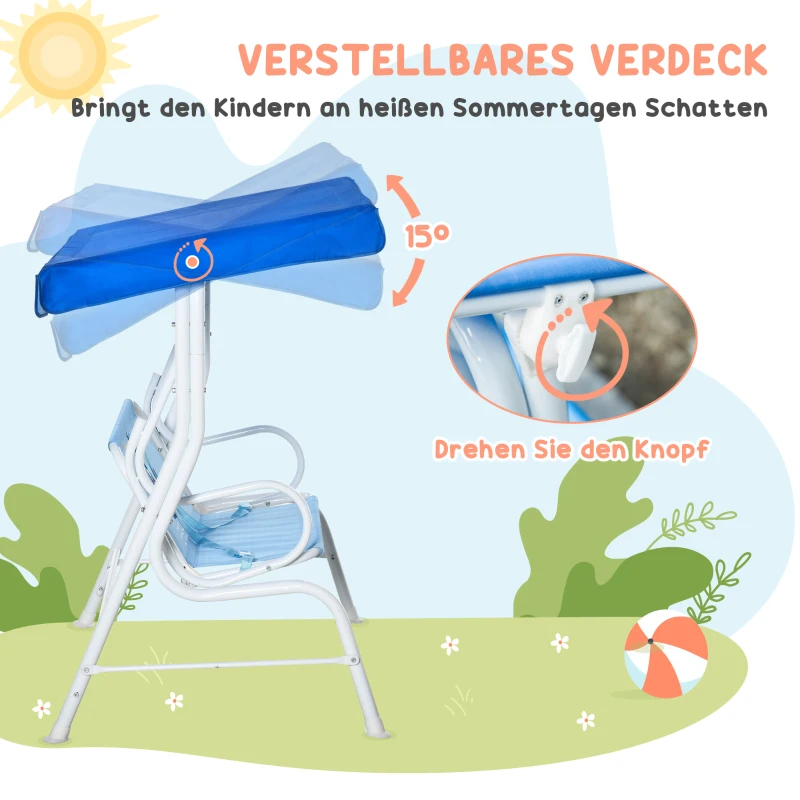 Outsunny 4-teiliges Gartenmöbel-Set für Kinder, mit Hai-Motiv, 1 Hollywoodschaukel, 2 Stühle, 1 Sonnenschirm mit Tisch, Blau