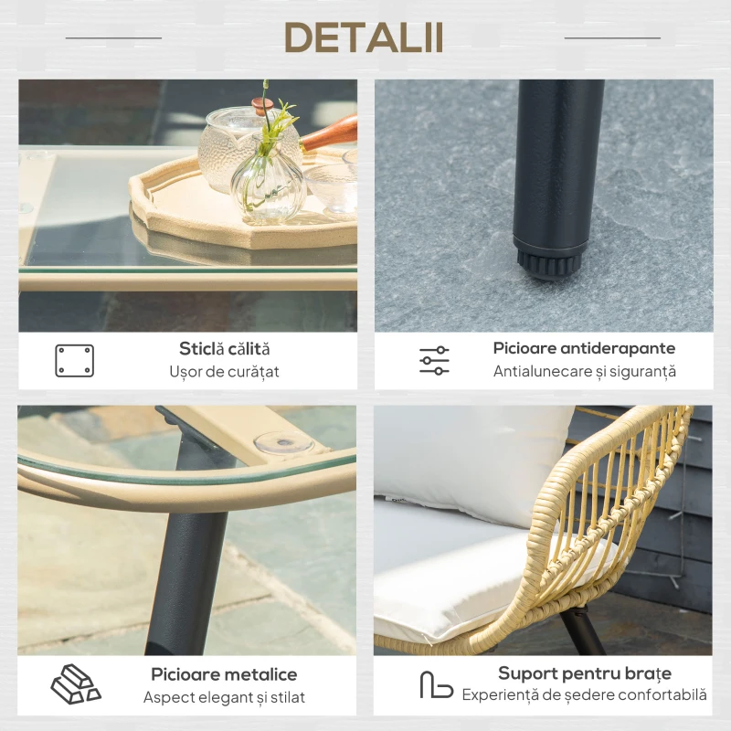 Outsunny Set Mobilier de Grădină din 4 Piese cu Canapea, 2 Fotolii cu Perne Lavabile și Măsuță, 120x65x78 cm, Bej