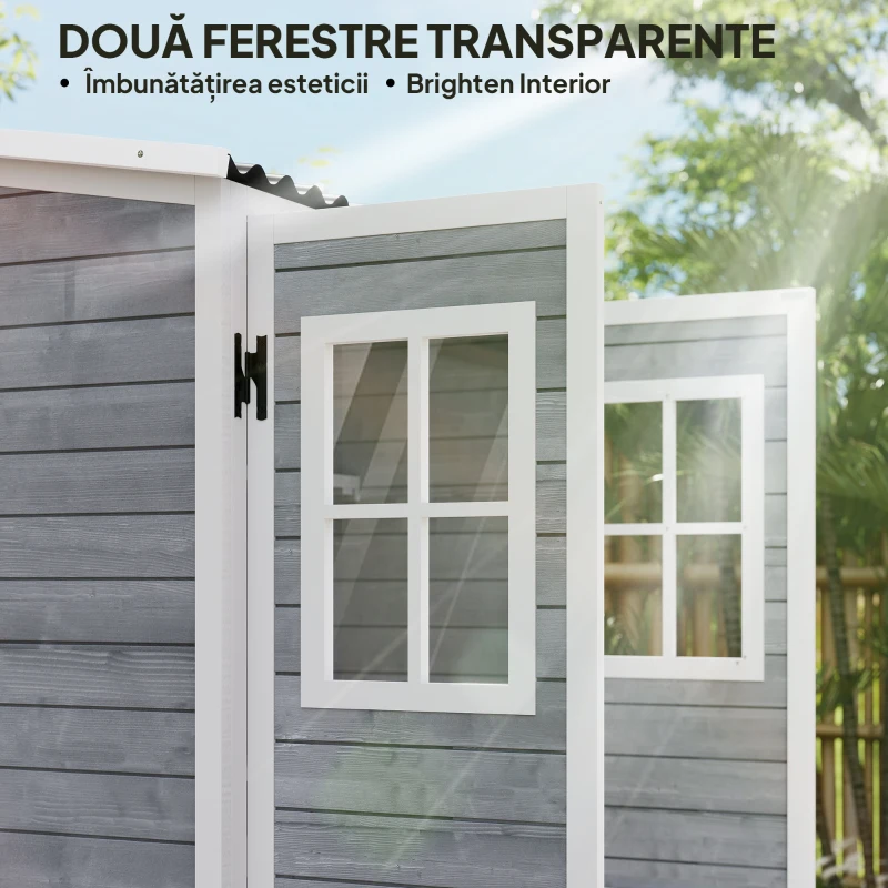Outsunny Magazie pentru Unelte de Grădină din Lemn de Brad cu 2 Ferestre și Rafturi Reglabile, 91x69x192cm, Gri Deschis