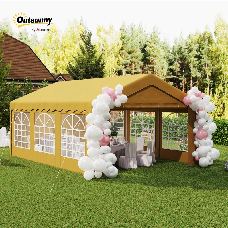 Outsunny 6m x 4m Marquee Party Tent Wedding Canopy, Pop Up Gazebo with Sidewalls, Doors, Windows, Galvanised Garden Gazebo for Parties Events, Yellow