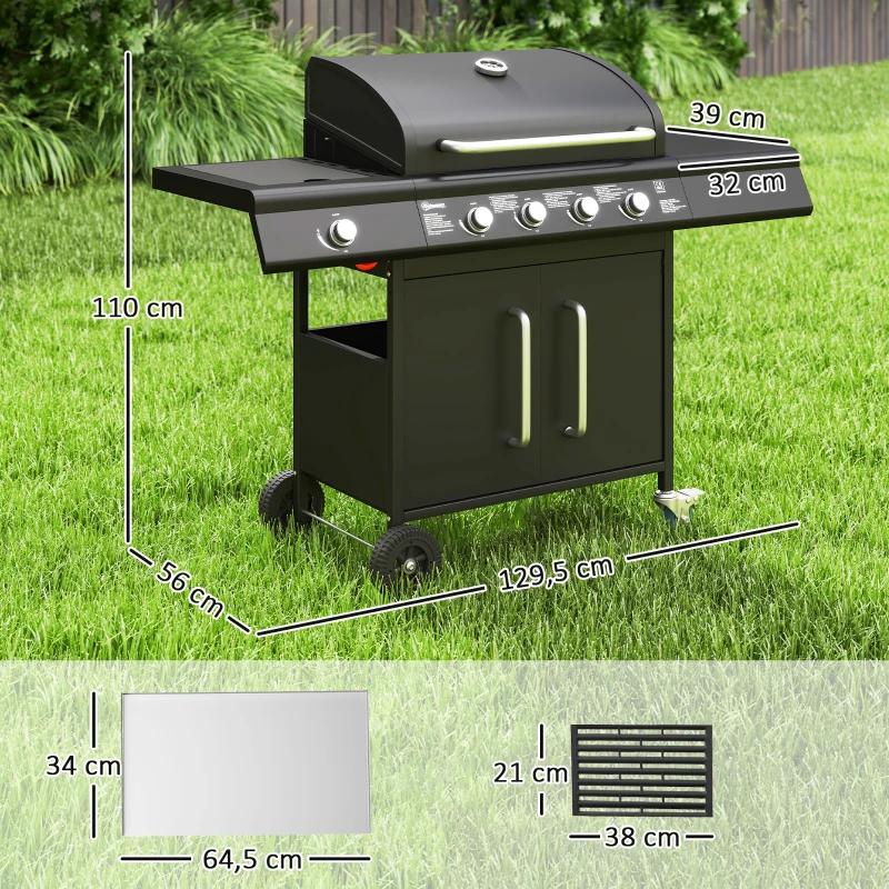 Outsunny Gasgrill 15,2 KW Grillwagen inkl 5 Edelstahl-Brenner Rolle Seitenkocher 129,5 x 56 x 110 cm Schwarz