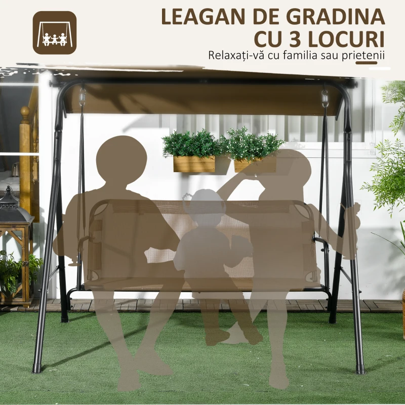 Outsunny Balansoar de Grădină cu 3 Locuri și Parasolar Reglabil, 172x110x153 cm, Maro